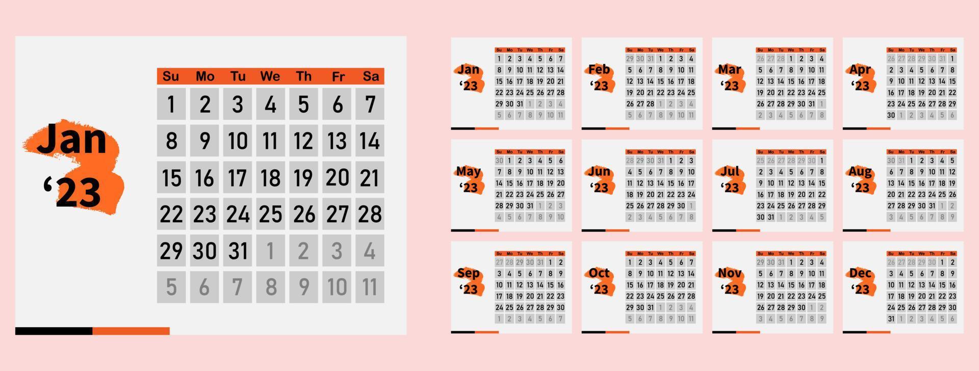 Calendario 2023 con pinceladas abstractas. vector