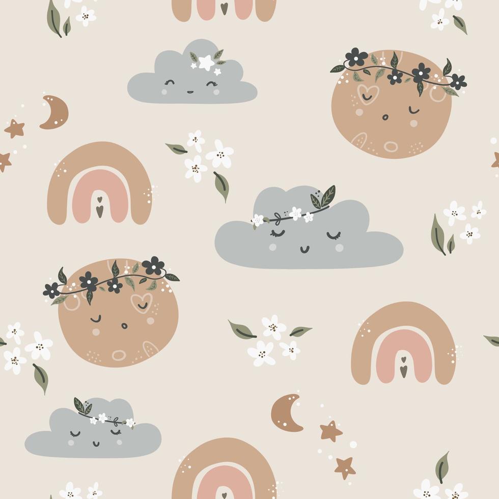 Cute seamless childish simple pattern for kids with cute moons and stars in Scandinavian style. Baby pattern with night sky. Fabric design. Wallpaper. Kids room design. vector