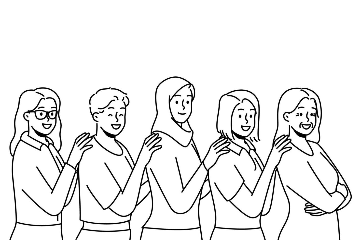 Group of smiling multiracial women stand together showing unity and