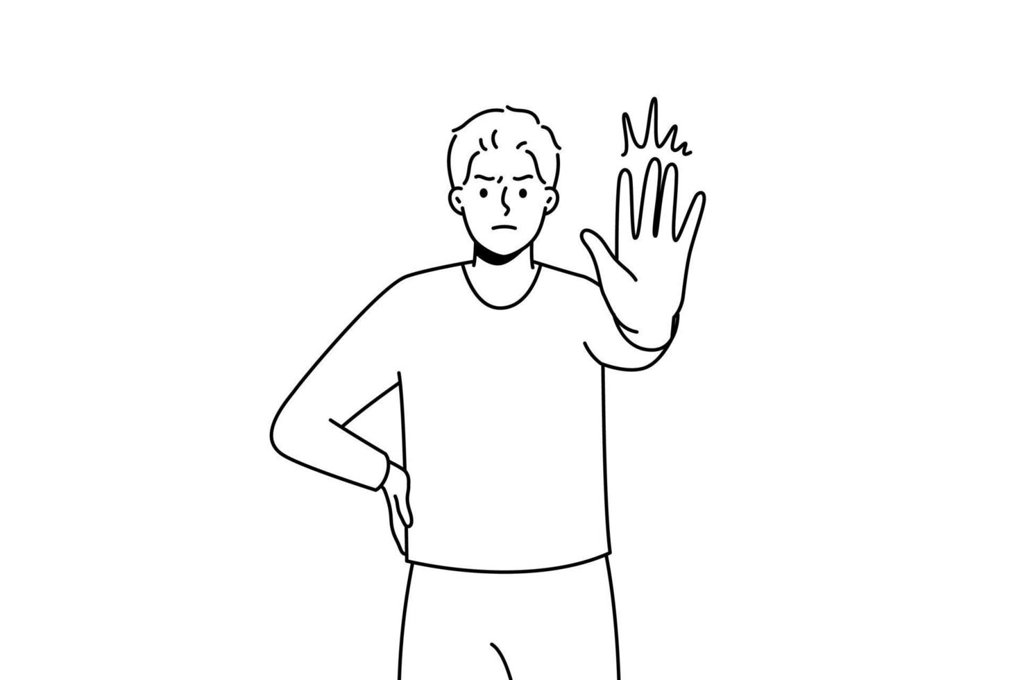 Decisive young man show no hand gesture. Serious male demonstrate stop sign. Nonverbal communication and body language. Vector illustration.