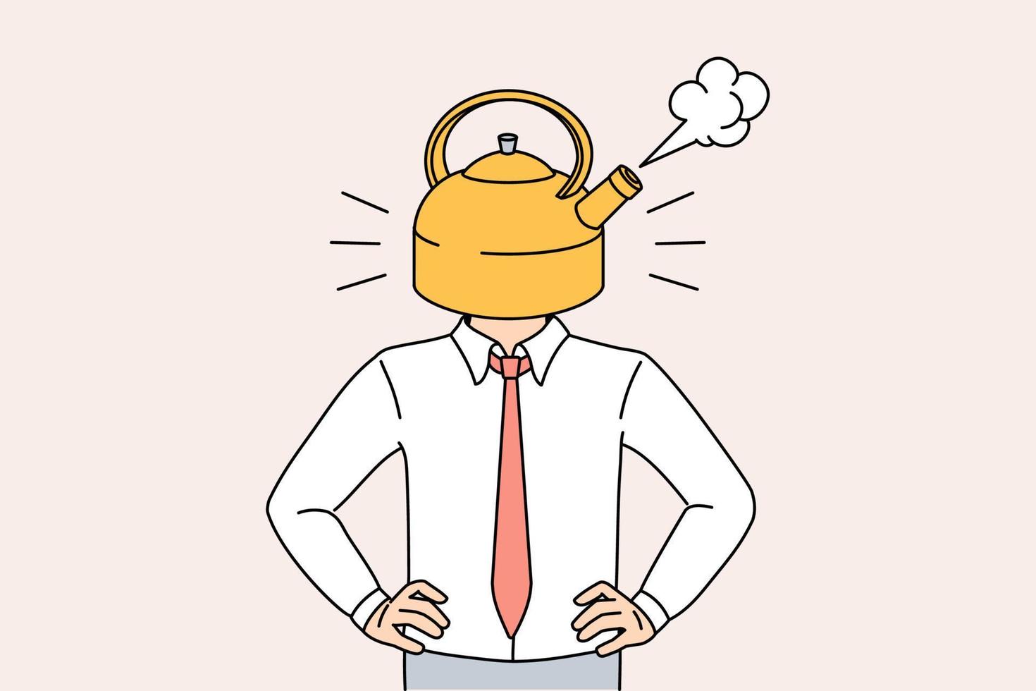 Stress and overwork exhaustion concept. Businessman body with boiling kettle instead of head meaning stress and rage vector illustration