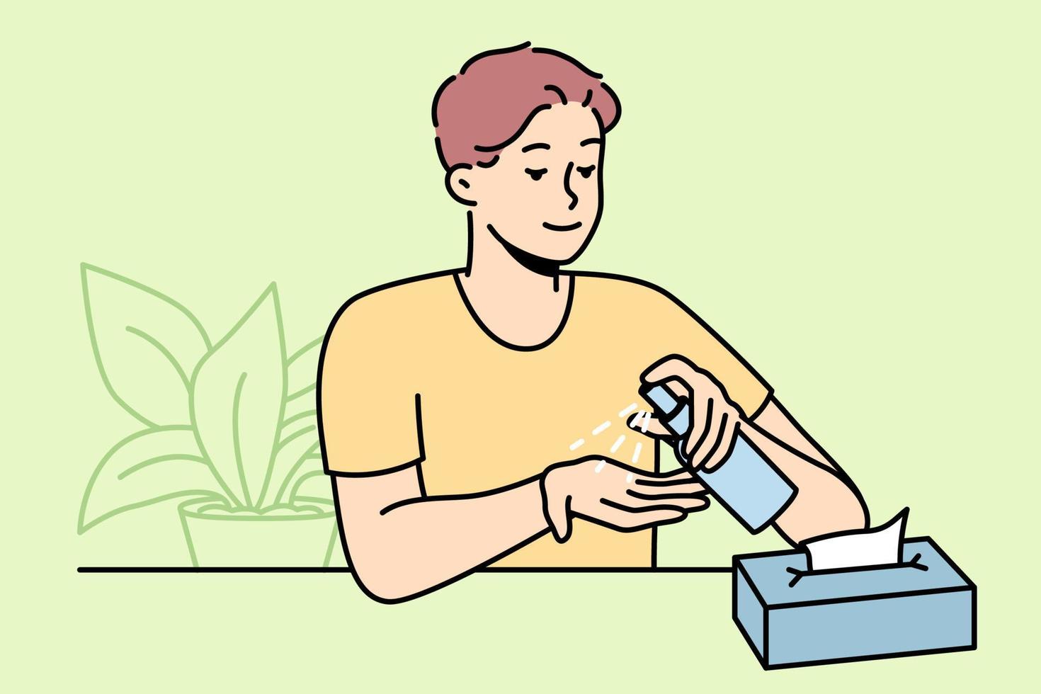 el joven usa las manos de limpieza líquidas antisépticas. el tipo desinfecta las manos con desinfectante en botella. concepto de salud. ilustración vectorial vector