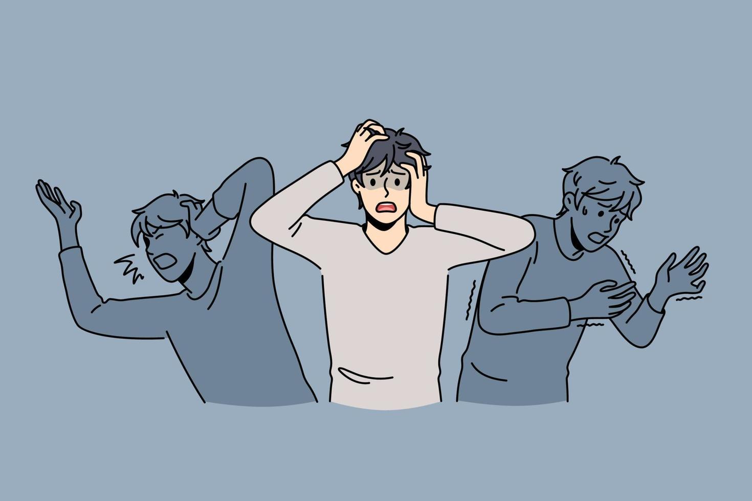 Inner fears and panic concept. Young stressed frustrated man feeling chocked with afraid shadows around vector illustration