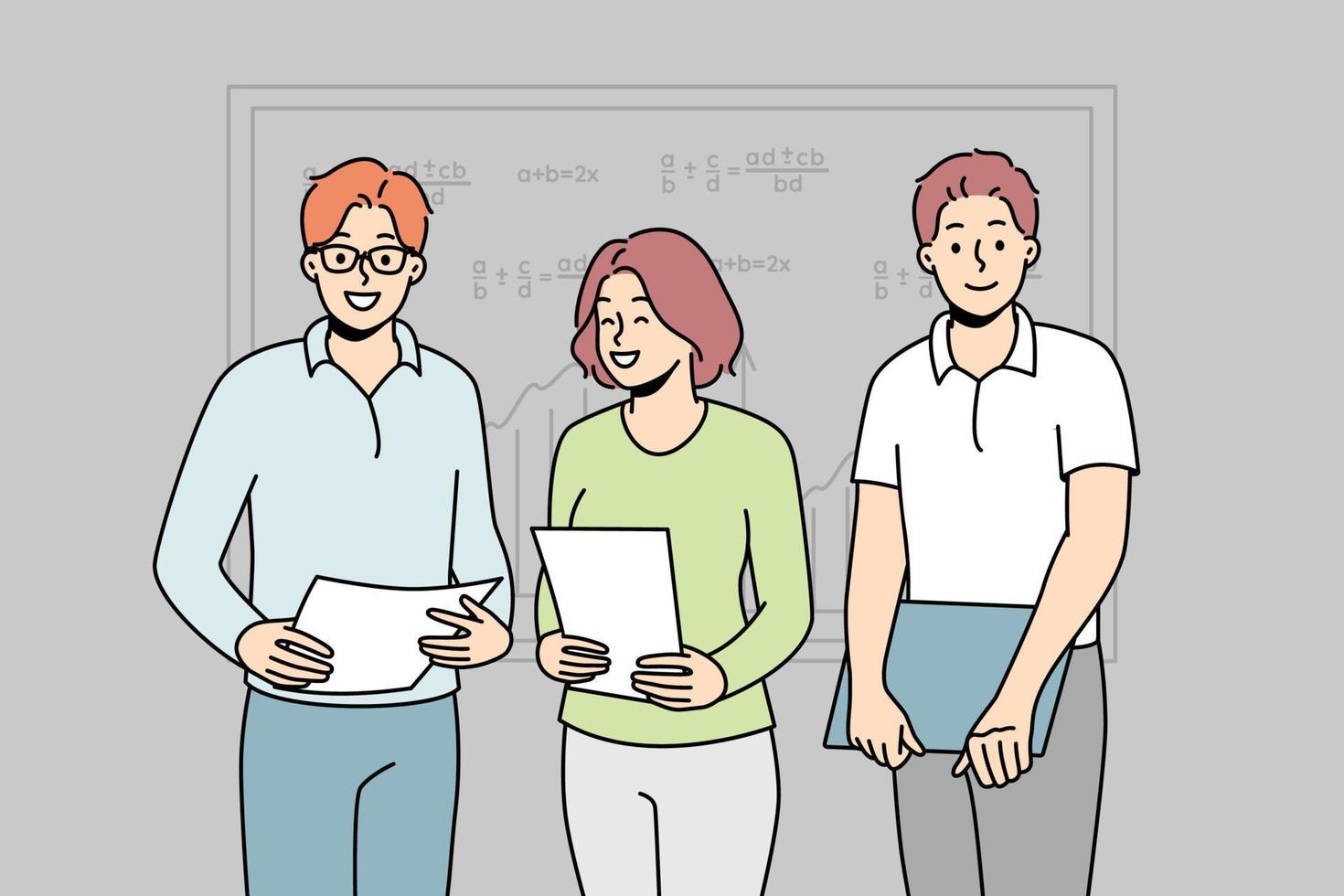 Smiling students with documents standing near board presenting in classroom. Happy pupils with paperwork make presentation in school. Vector illustration.