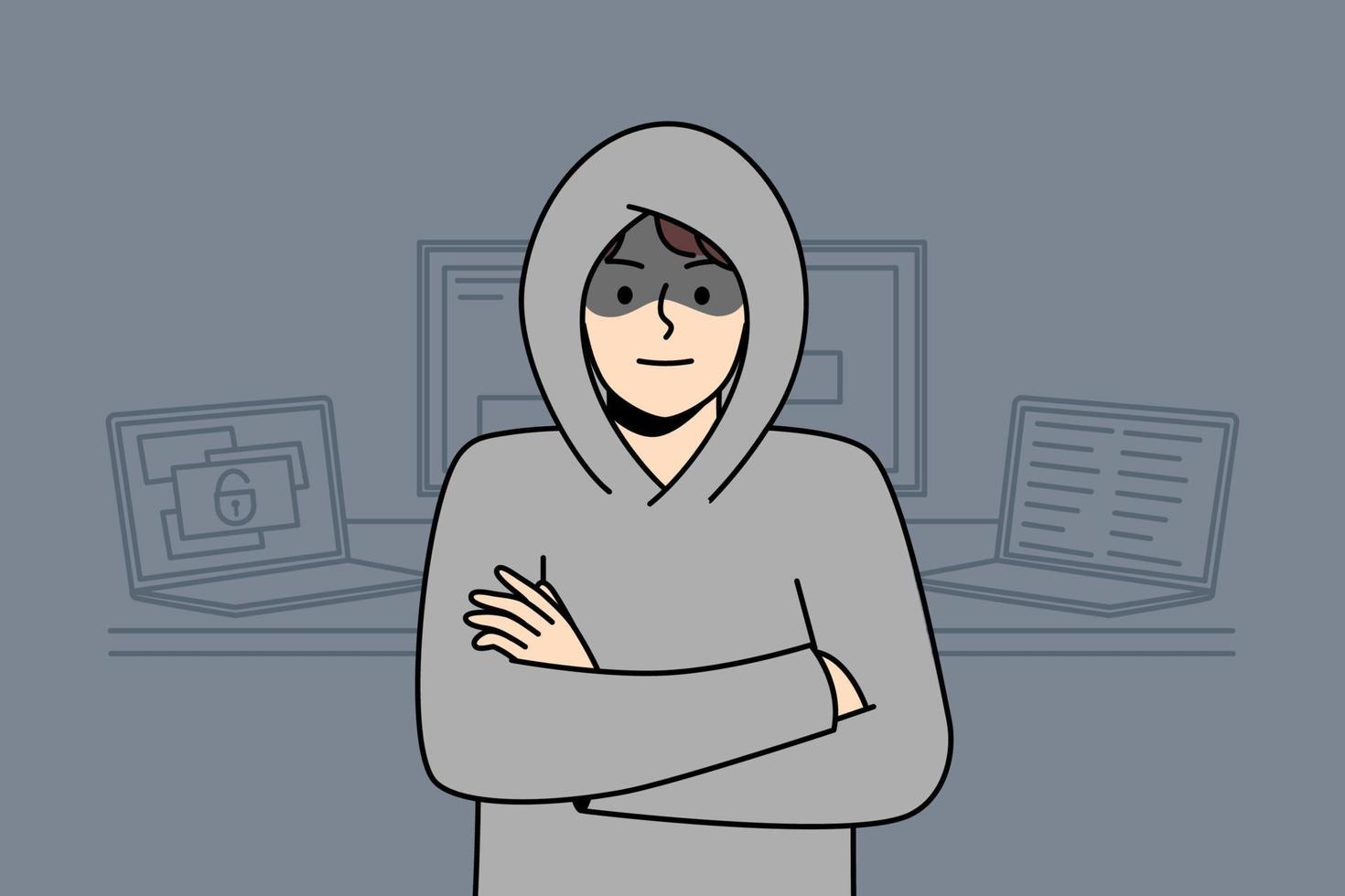 Young man in hood standing near computers hacking internal operations system. Suspicious male hacker near laptops and gadgets. Device security. Vector illustration.