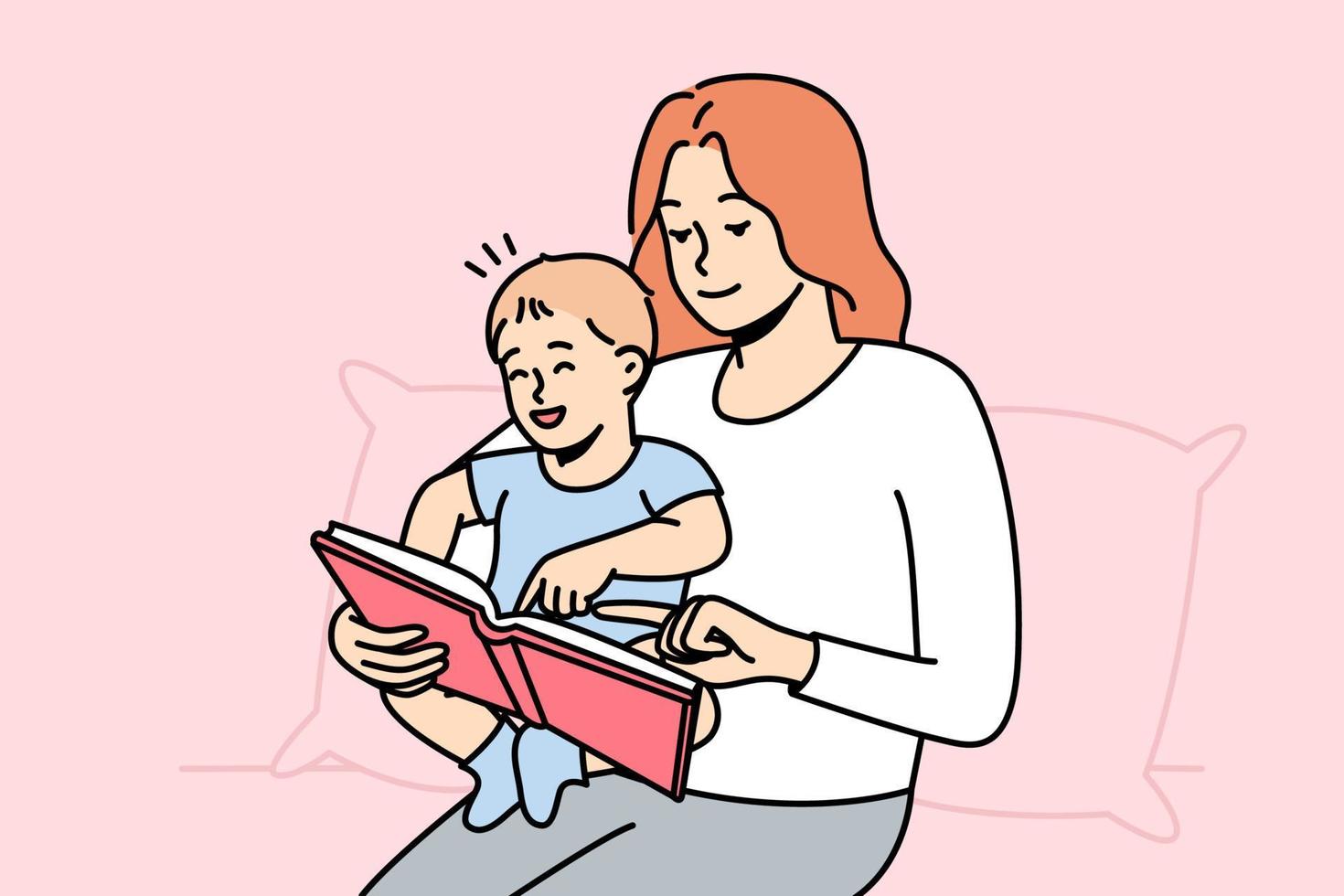 feliz madre joven cariñosa con un pequeño bebé leyendo un libro juntos. mamá amorosa sonriente juega con un niño pequeño en casa. concepto de maternidad. ilustración vectorial vector