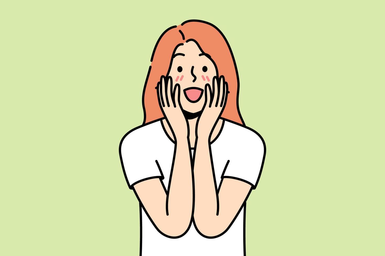 Happy young woman feel excited with good unbelievable news. Smiling girl surprised with unexpected message or notification. Vector illustration.