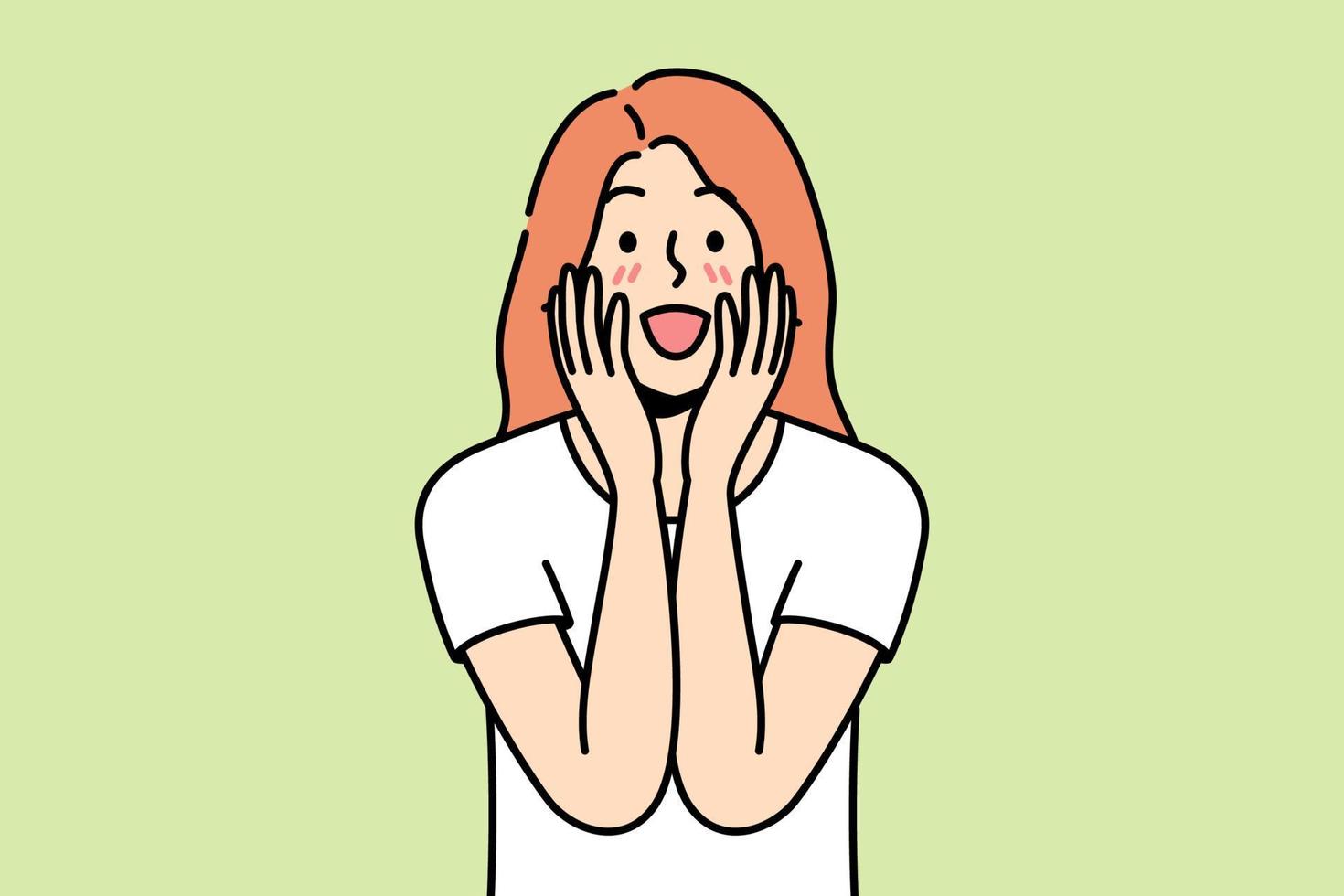 una joven feliz se siente emocionada con buenas noticias increíbles. niña sonriente sorprendida con un mensaje o notificación inesperados. ilustración vectorial vector