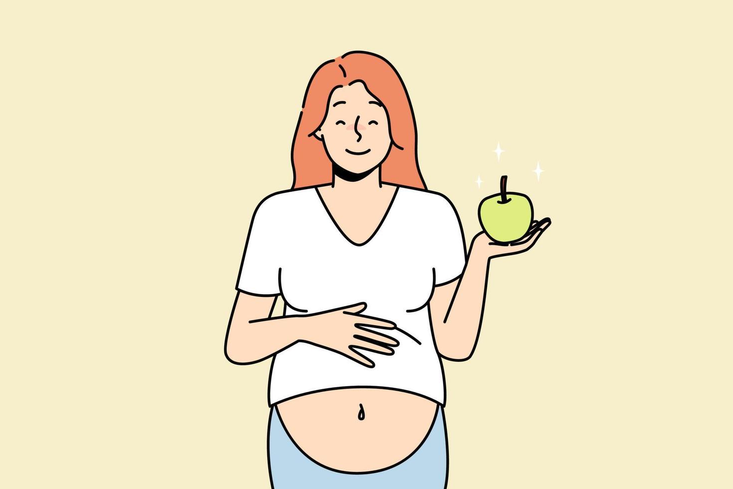 Smiling pregnant woman with apple. Vector Smiling young pregnant woman holding apple recommend healthy diet. Happy female follow pregnancy nutrition eat fruits. Vector illustration.