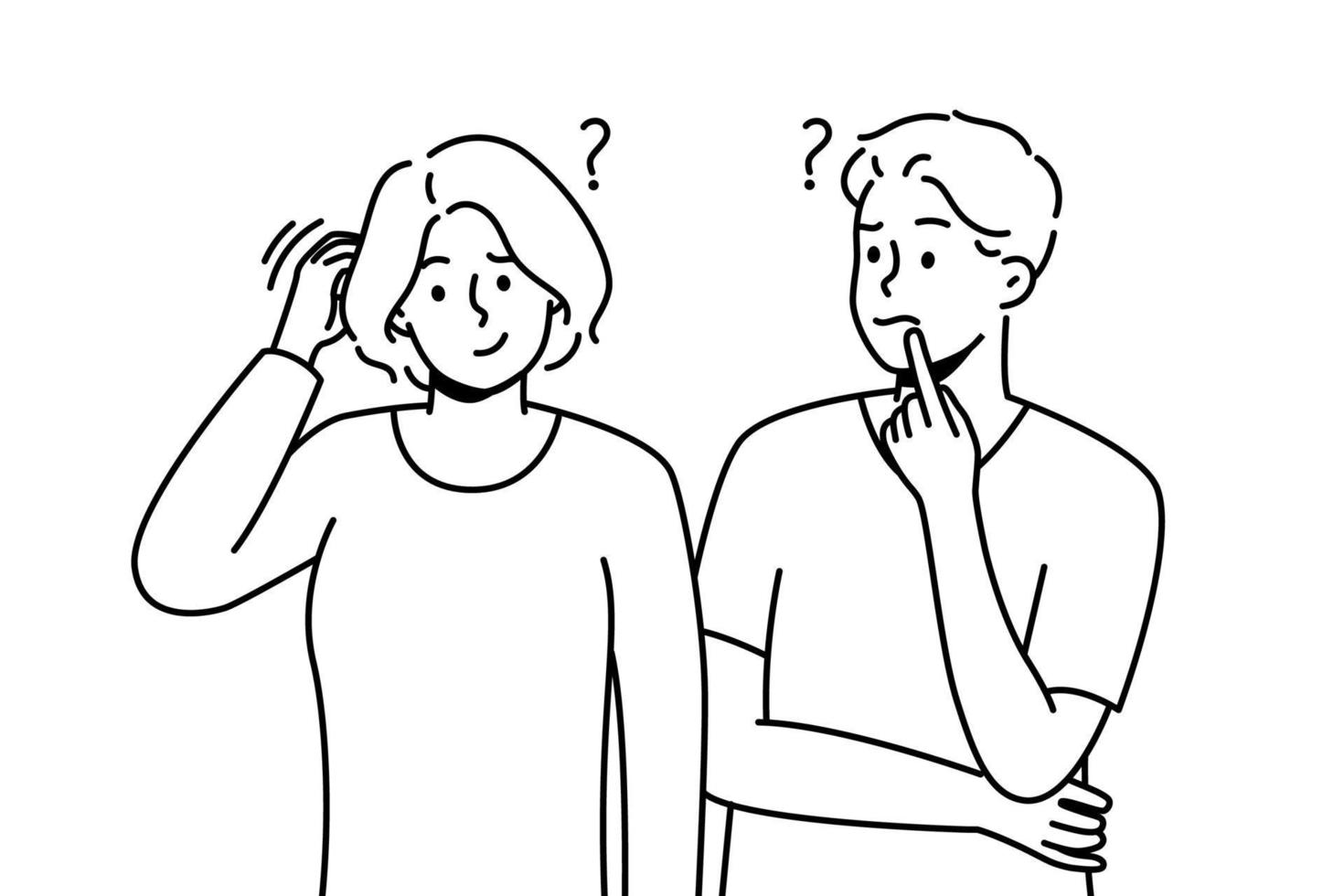 Confused man and woman thinking solving problem together. Frustrated couple feel unsure or doubtful look for solution or decision. Vector illustration.