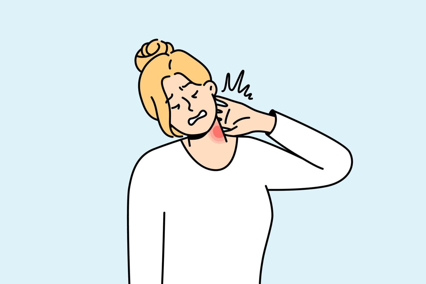 Unhealthy young woman suffer from neck pain after sedentary work. Unwell girl struggle with backache or spasm. Healthcare concept. Vector illustration.