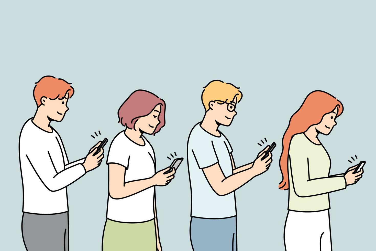 Young people in line with smartphones in hands addicted to gadgets. Men and women with addiction to cellphones. Technology and modern world. Vector illustration.