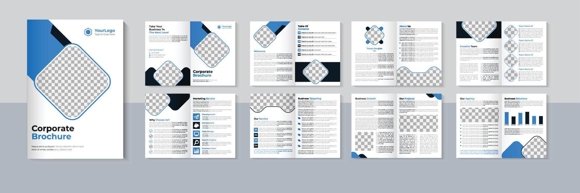 diseño de folleto profesional, plantilla de folleto comercial de 16 páginas, color azul, vector profesional