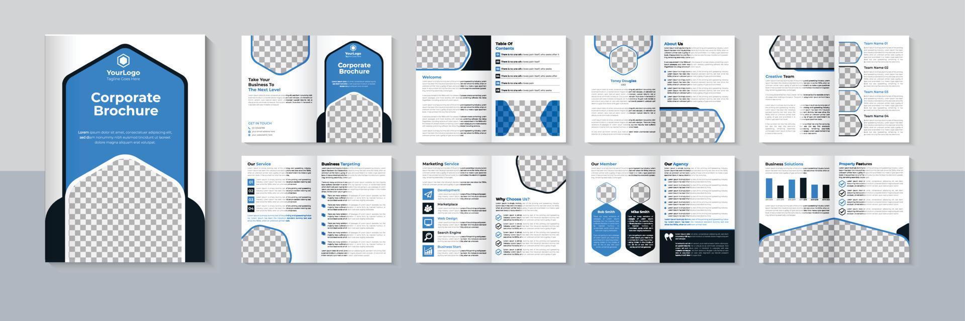 diseño de folleto corporativo, plantilla de folleto comercial de 16 páginas, color azul, vector profesional