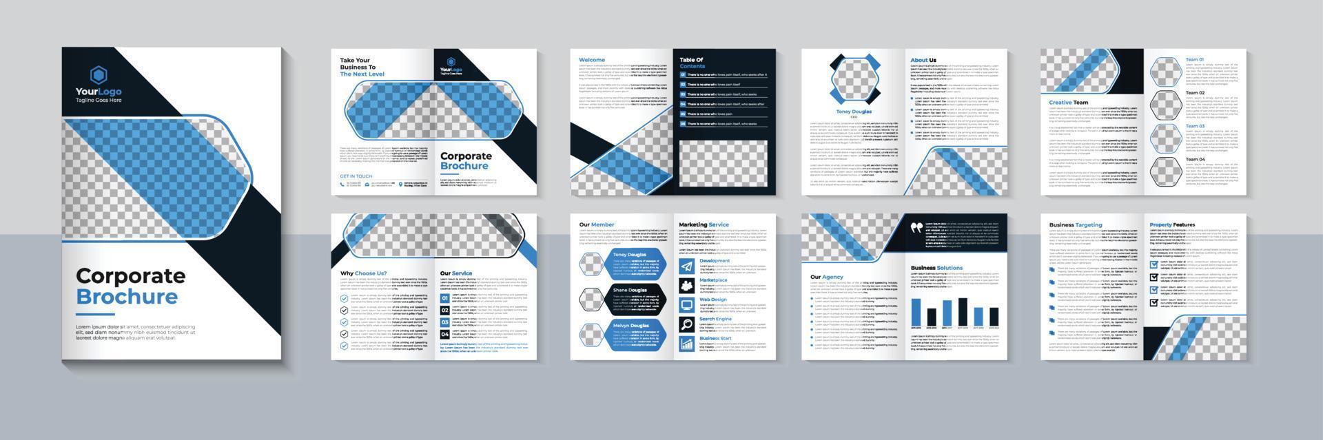 Professional company profile brochure design, Business 16 page brochure template, Corporate brochure design, Blue color, Pro Vector