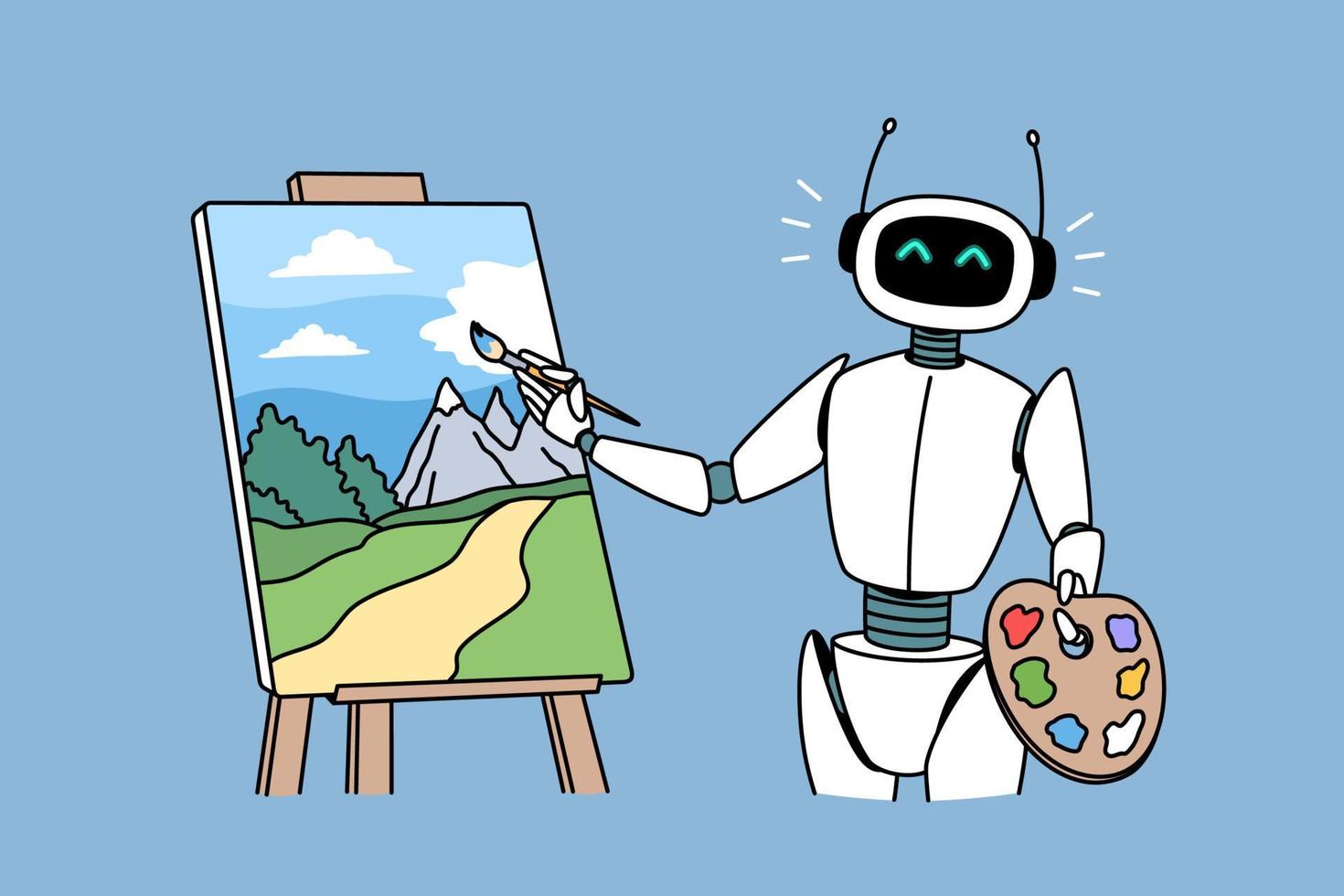 Robotic technologies in hobbies concept. Positive robot standing and drawing artwork picture landscape with brush vector illustration