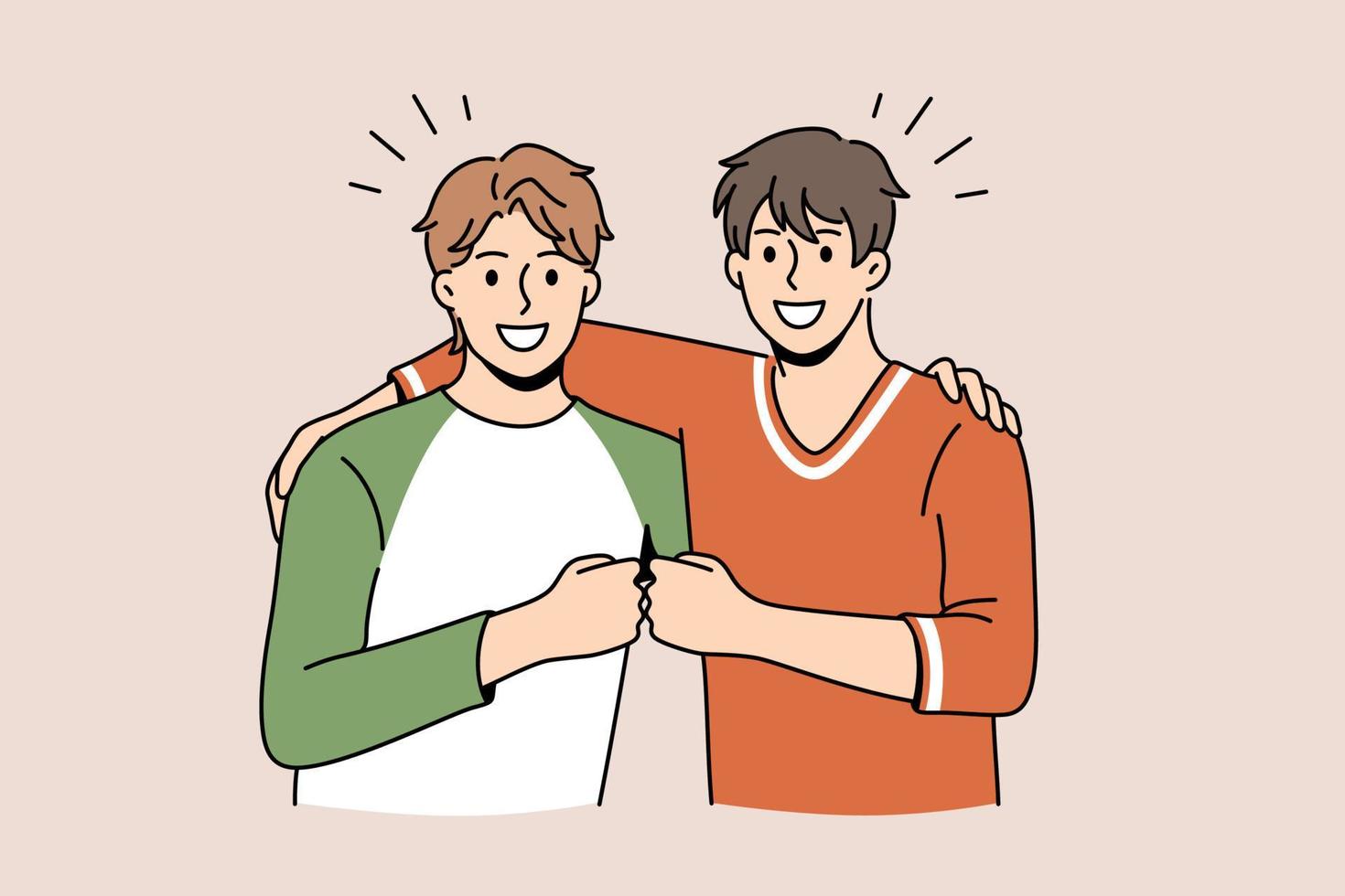 Friendship and positive emotions concept. Two young smiling happy men friends standing pulling fists together as symbol of unity and friendship vector illustration