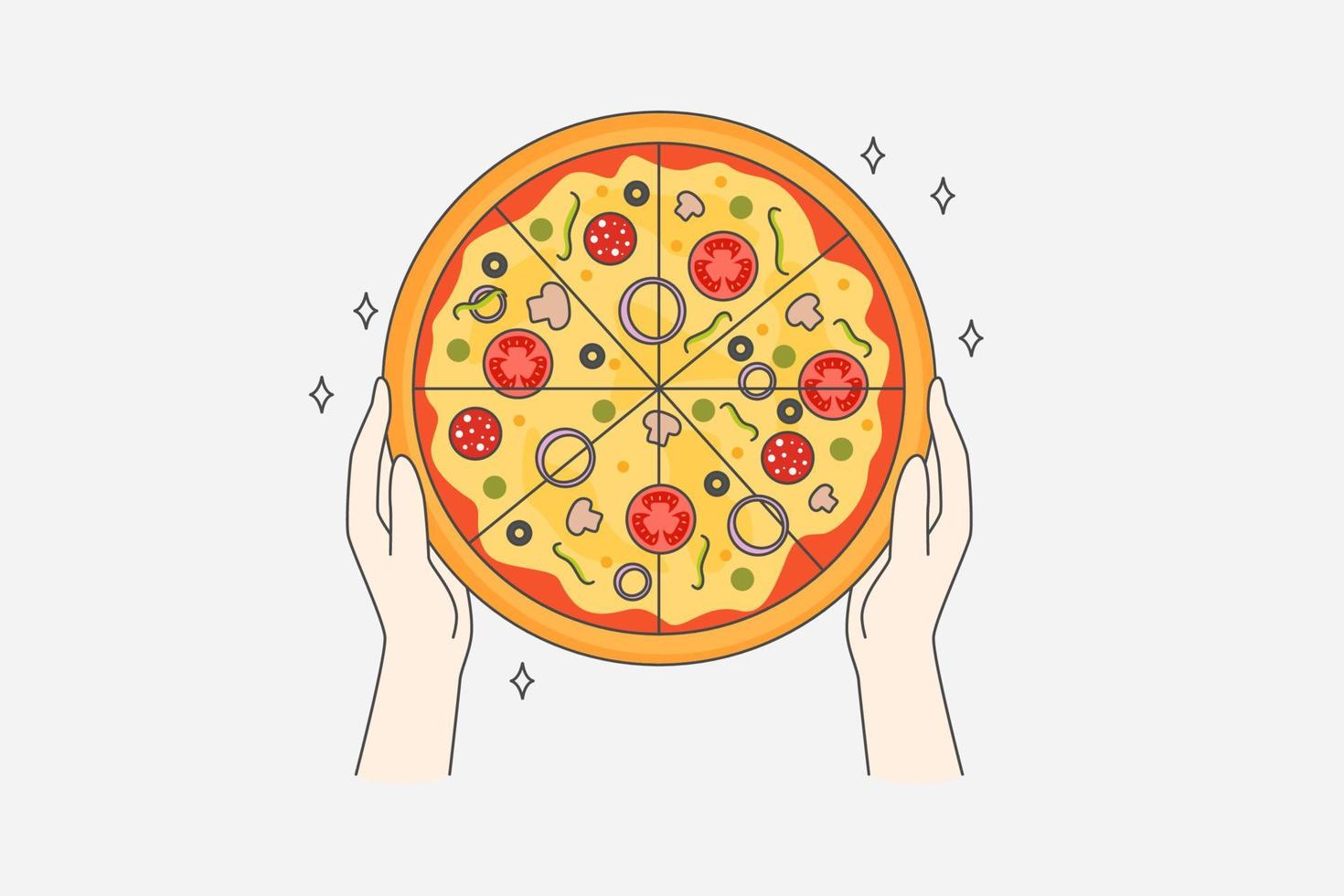 Eating pizza and fast food concept. Top view of human hands holding fresh baked pizza with salami tomatoes mushrooms for dinner vector illustration