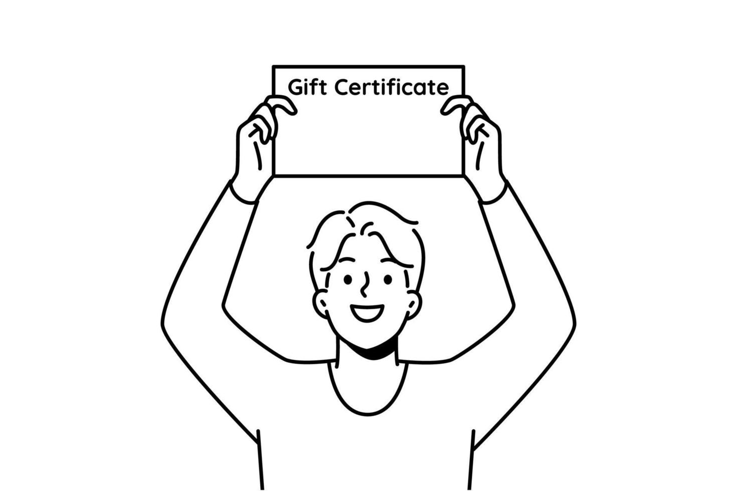 Smiling young man holding gift certificate in hands. Happy guy with paperwork document for present. Vector illustration.