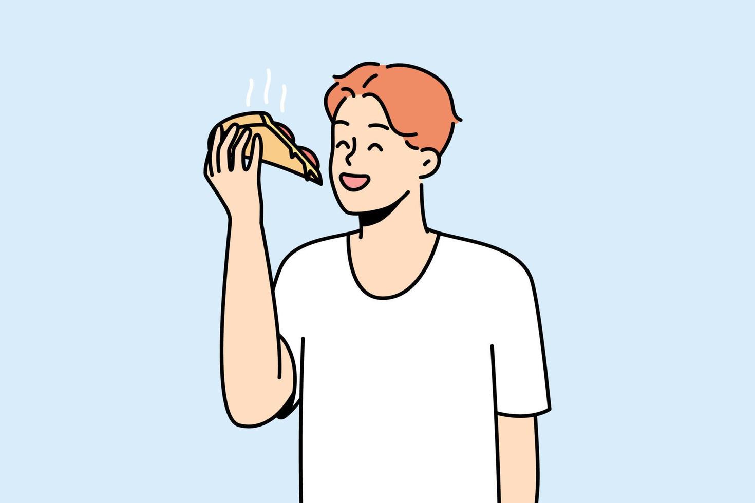 Smiling young man eating slice of pizza. Happy guy enjoy delicious Italian fast food. Cuisine concept. Vector illustration.