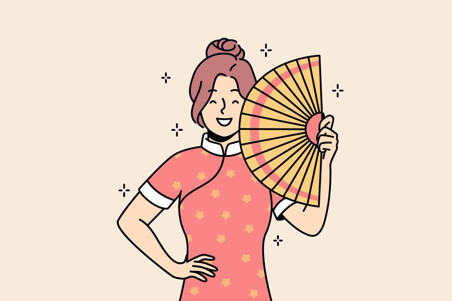 sonriente joven mujer asiática en vestido tradicional con ventilador de mano. chica étnica feliz posando en ropa cultural. cultura y etnia. ilustración vectorial vector