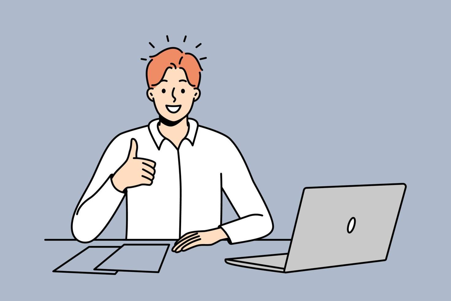 un joven hombre de negocios sonriente se sienta en el escritorio de la oficina, trabaja en la computadora y muestra el pulgar hacia arriba. un empleado sonriente recomienda un buen lugar de trabajo o empresa. ilustración vectorial vector