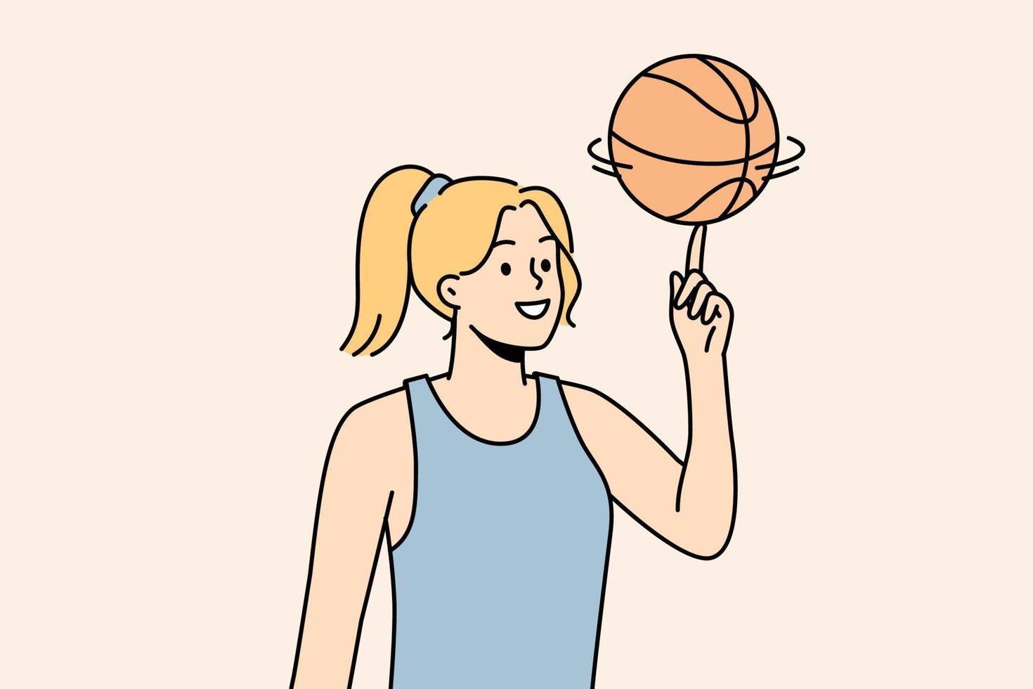 Smiling young woman athlete spin ball on finger. Happy girl basketball player play with ball. Sport and game activity. Vector illustration.