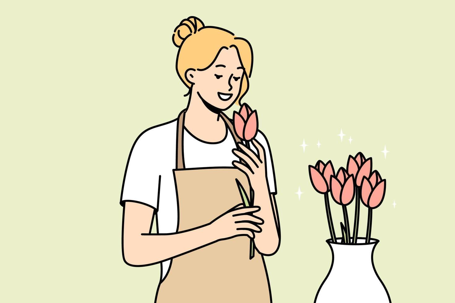 mujer sonriente en delantal con flores en la tienda. feliz florista femenina trabajando con composición de rosas en una tienda de flores. ilustración vectorial vector