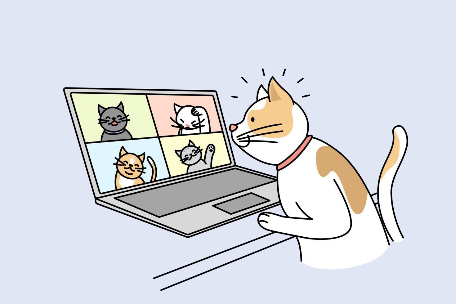 lindo gato habla en videollamada con gatos en la computadora. la mascota tiene una conversación de cámara web en una computadora portátil con gatitos. concepto de tecnología. ilustración vectorial vector