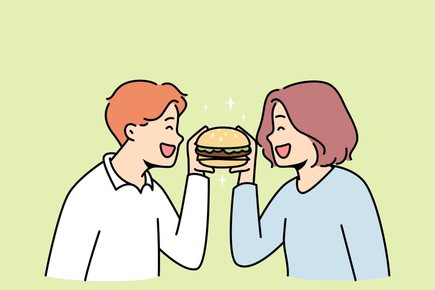 Smiling couple eating tasty hamburger together. Happy man and woman enjoy delicious burger. Fast food and restaurant chain. Vector illustration.