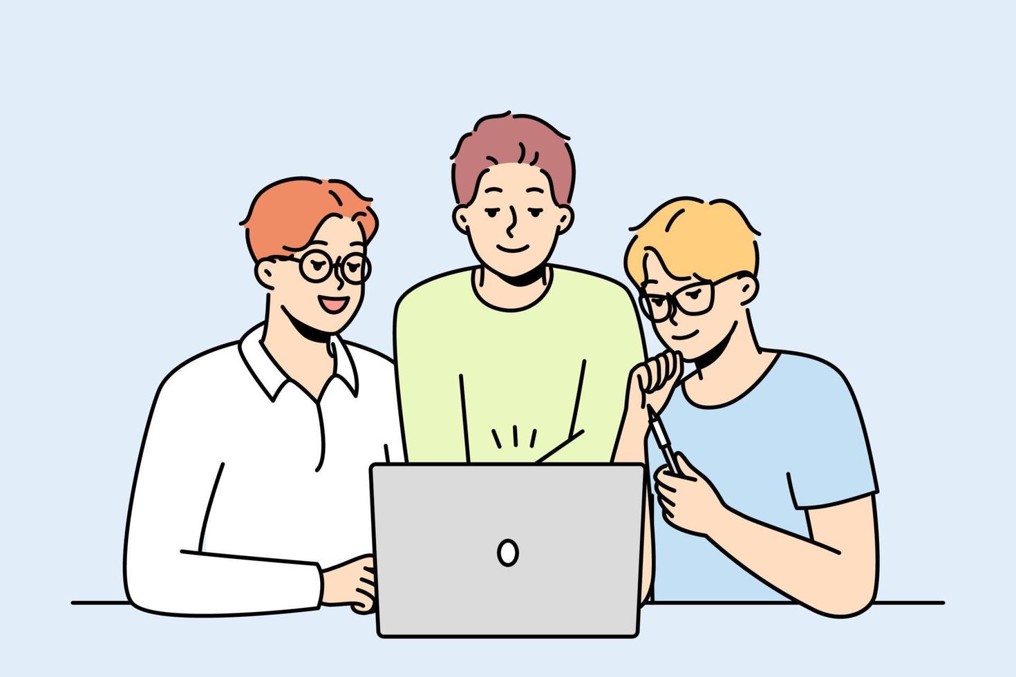 Smiling male colleagues look at computer screen brainstorming together. Happy coworkers cooperate working on laptop at workplace. Teamwork. Vector illustration.