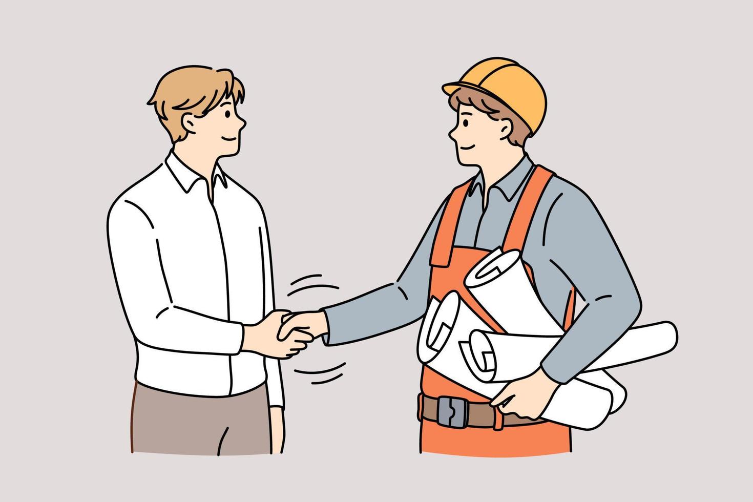 Cooperation between management and engineering concept. Young smiling men engineer constructor and manager customer standing shaking hands after successful collaboration vector illustration