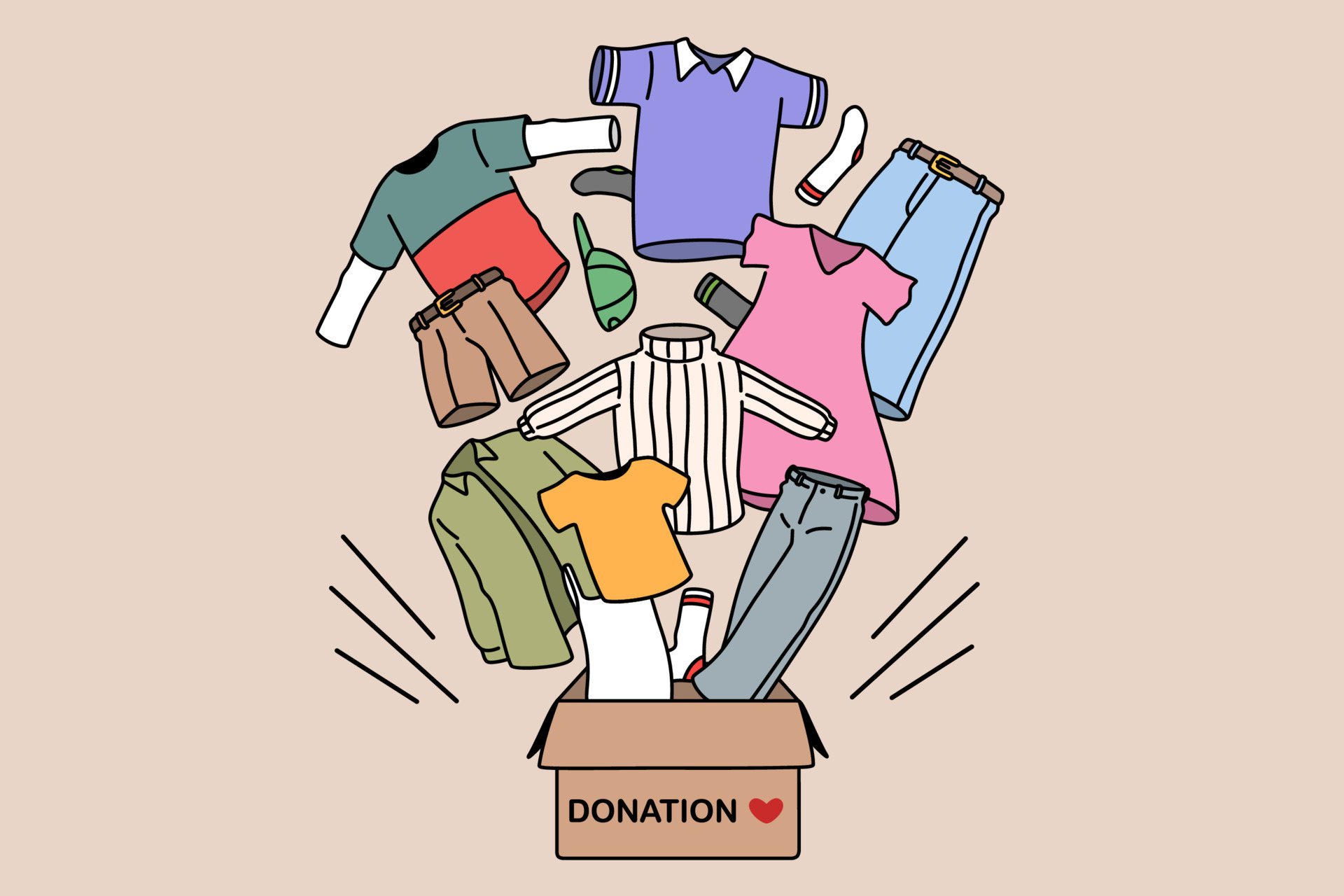 Charity and donating clothes concept. Box with donation word and