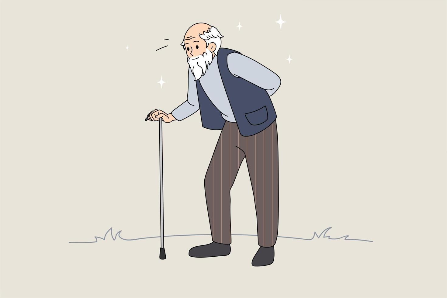 Hand drawn vector illustration of senior man with walking stick. Senior retirement. Walking old man. Vector illustration with abstract background