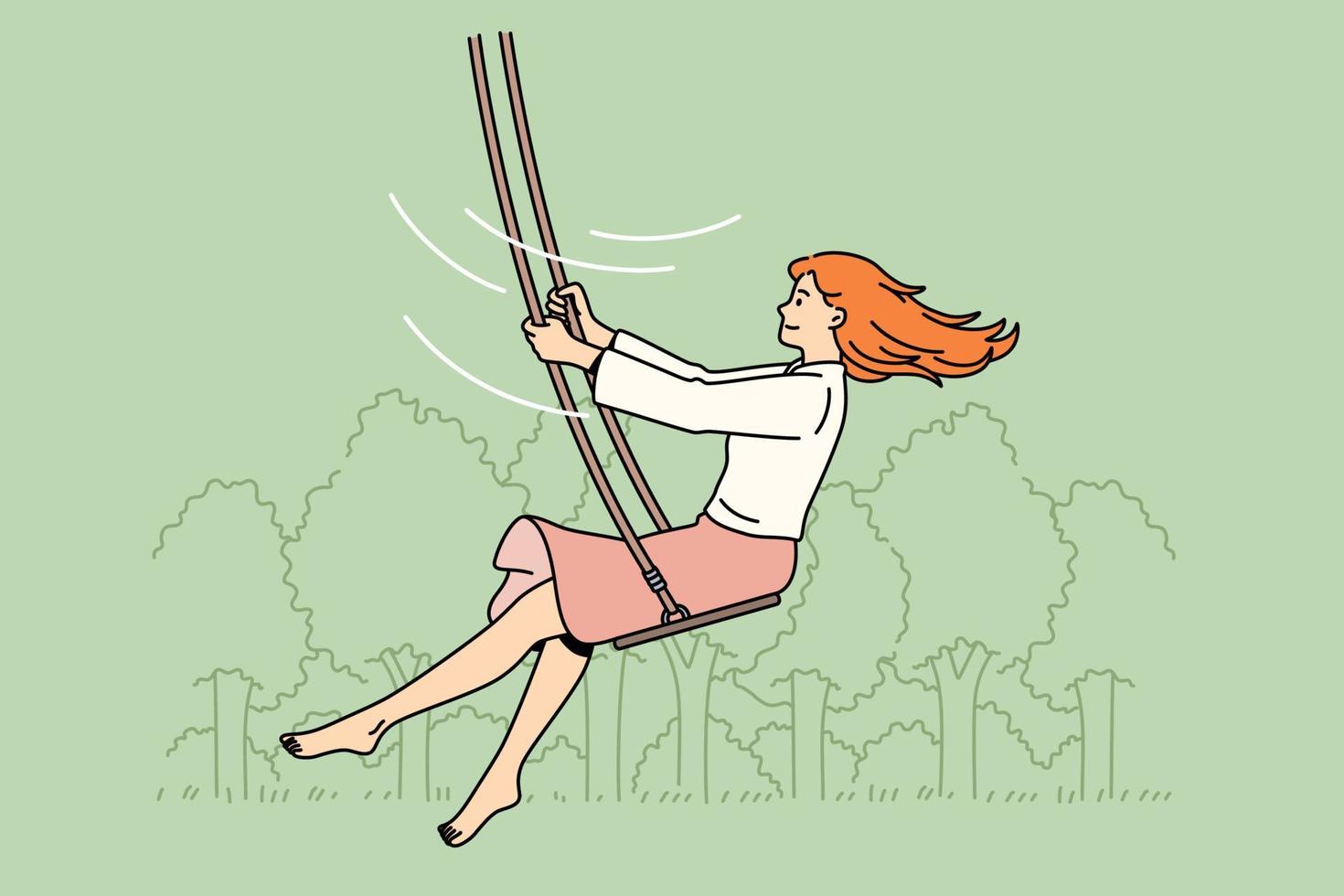concepto de ocio y actividades de verano. joven personaje de dibujos animados de mujer sonriente disfrutando de un paseo en columpios al aire libre disfrutando de un paseo ilustración vectorial vector