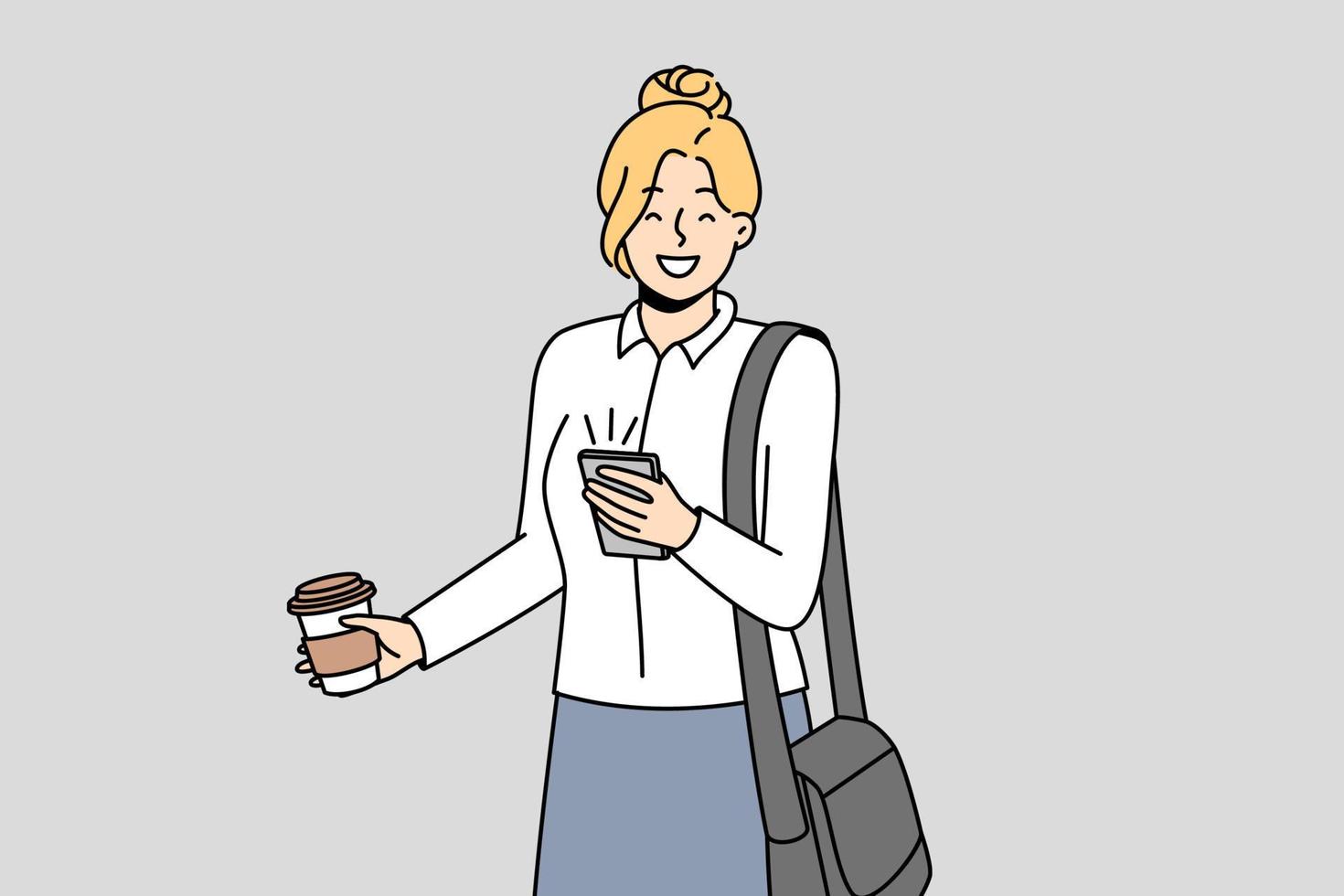 una mujer de negocios sonriente usa un teléfono celular para beber café de una taza para llevar. una empleada feliz y motivada disfruta de una bebida para llevar y navega por el teléfono inteligente. ilustración vectorial vector
