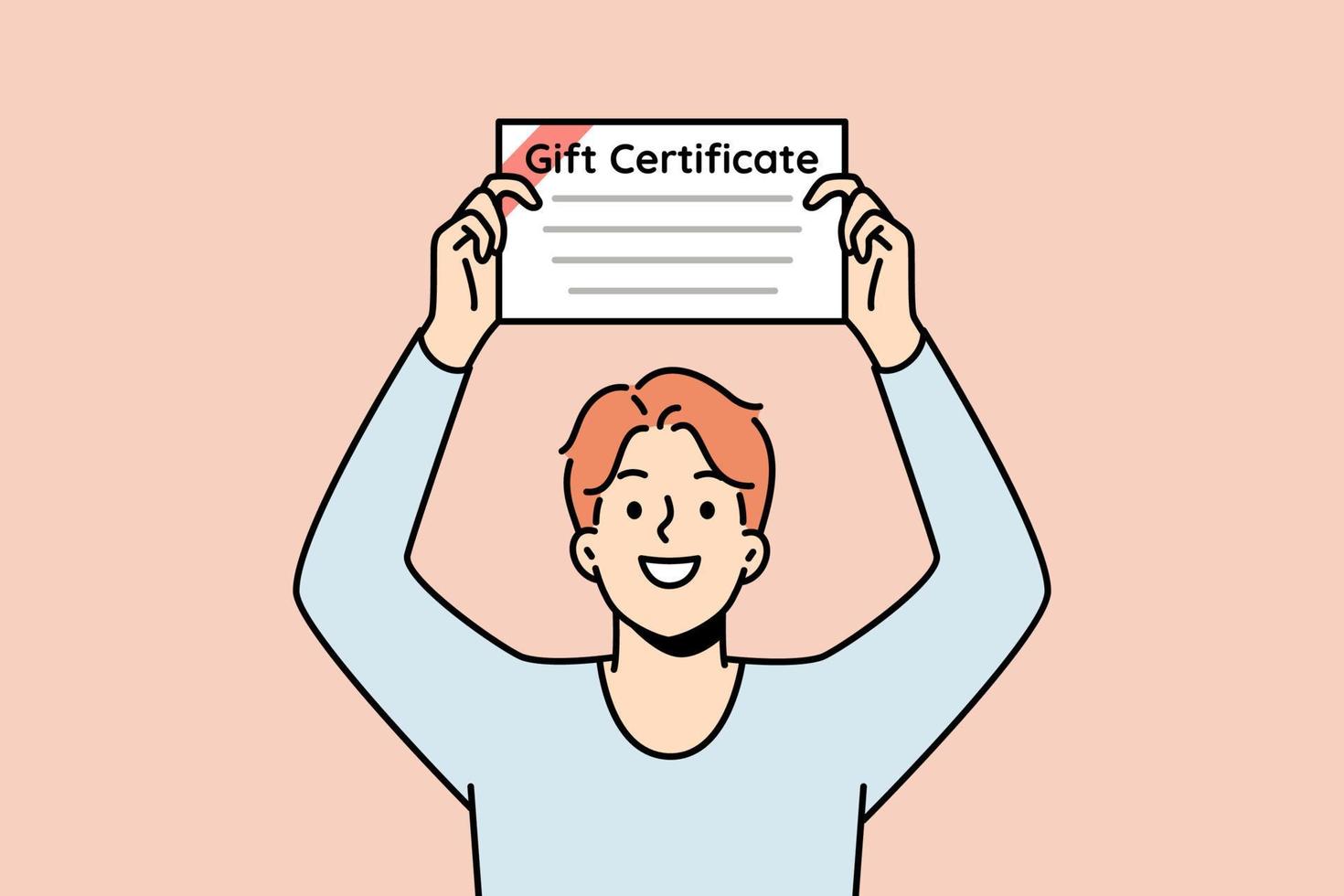 joven sonriente con certificado de regalo en las manos. chico feliz con documento de papeleo para el presente. ilustración vectorial vector