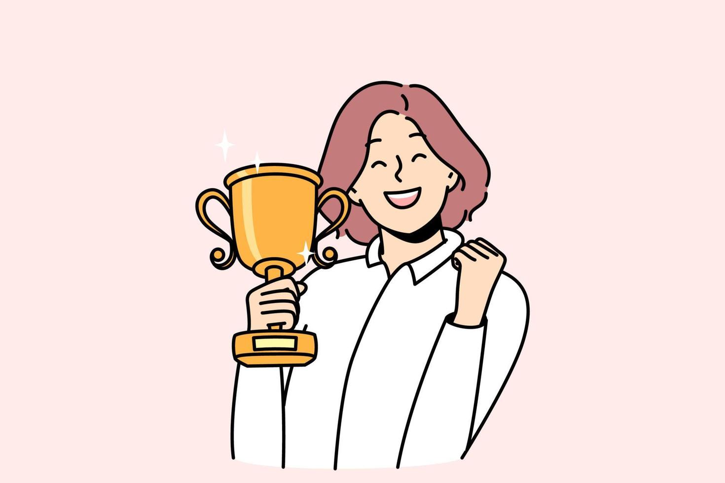 Overjoyed young woman with gold trophy in hands celebrate win or victory. Smiling businesswoman with golden prize excited with personal achievement or success. Vector illustration.