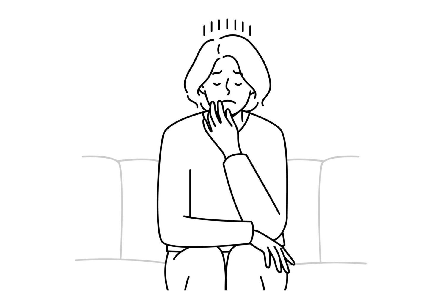 Unhappy young woman sit on couch crying suffering from depression or loneliness. Upset female distressed with solitude or breakup. Vector illustration.