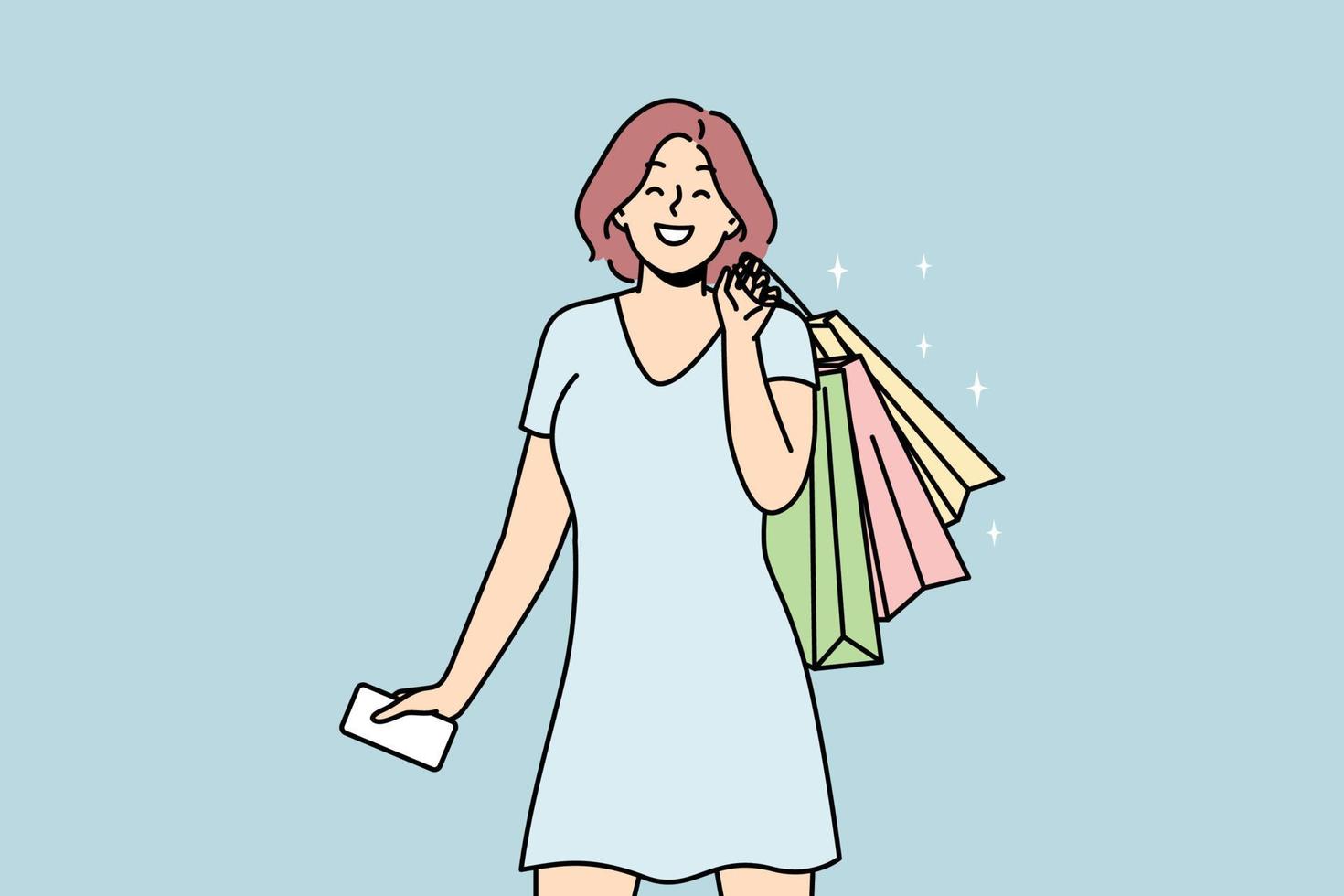 Happy young woman with bags excited with shopping in mall or store. Smiling girl overjoyed with purchases. Consumerism concept. Vector illustration.