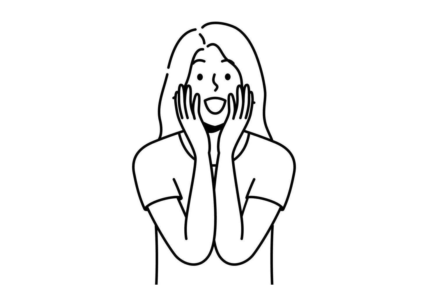 Happy young woman feel excited with good unbelievable news. Smiling girl surprised with unexpected message or notification. Vector illustration.