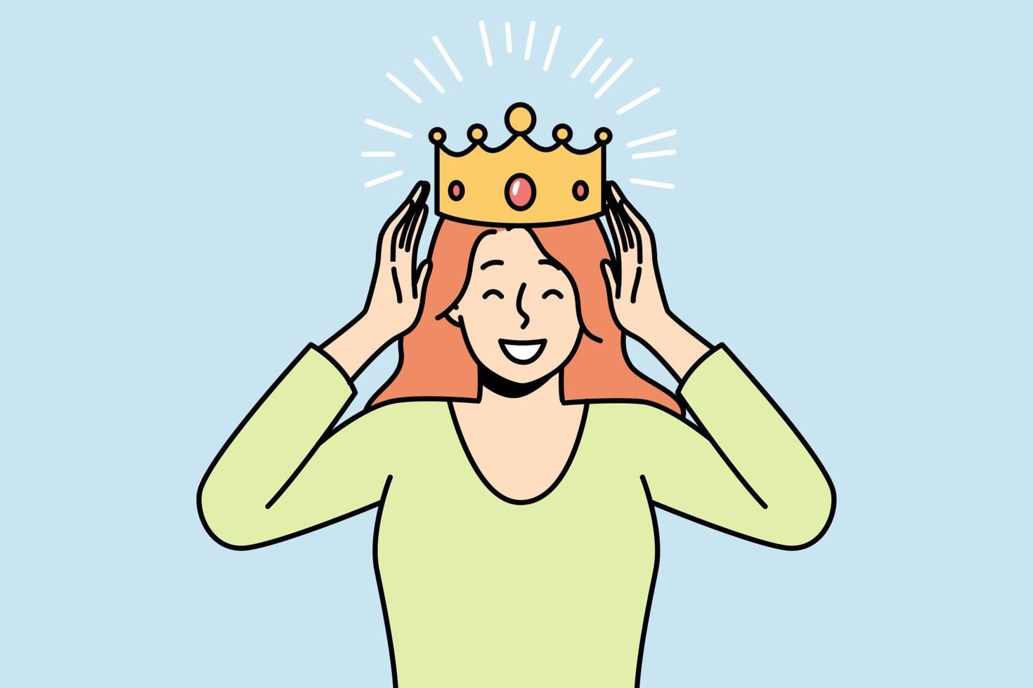 mujer joven sonriente con corona en la cabeza celebra el éxito. feliz mujer confiada coronada por buenos resultados o logros. ilustración vectorial vector