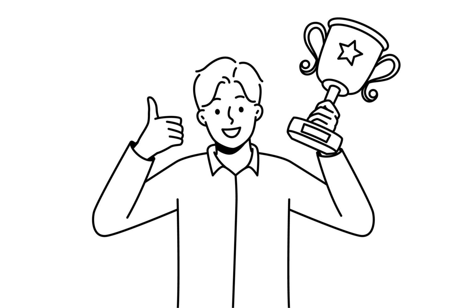 Overjoyed young man with gold prize in hands celebrate win. Smiling businessman with golden award or trophy show thumb up. Vector illustration.