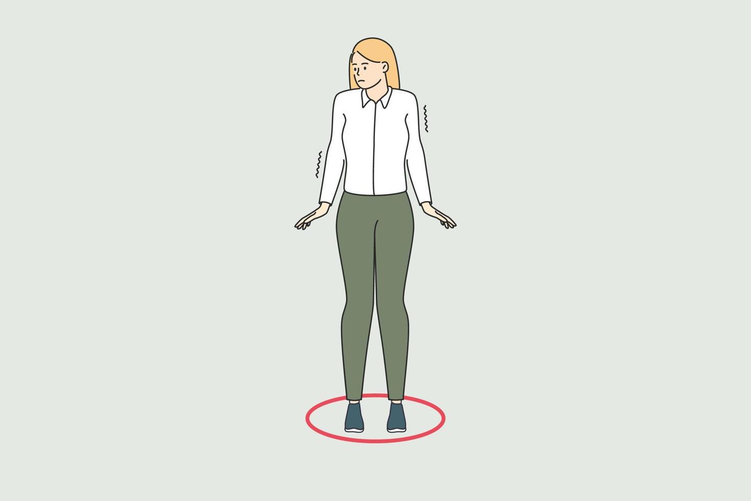 Personal development and borders concept. Young frustrated woman cartoon character standing in small red circle feeling not free vector illustration