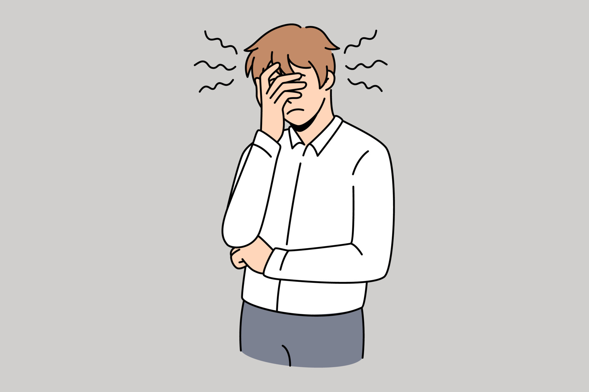 Stress irritation and feeling sleepy concept. Young man worker cartoon  character standing touching covering face with hands feeling exhausted and  sleepy vector illustration 13707894 Vector Art at Vecteezy