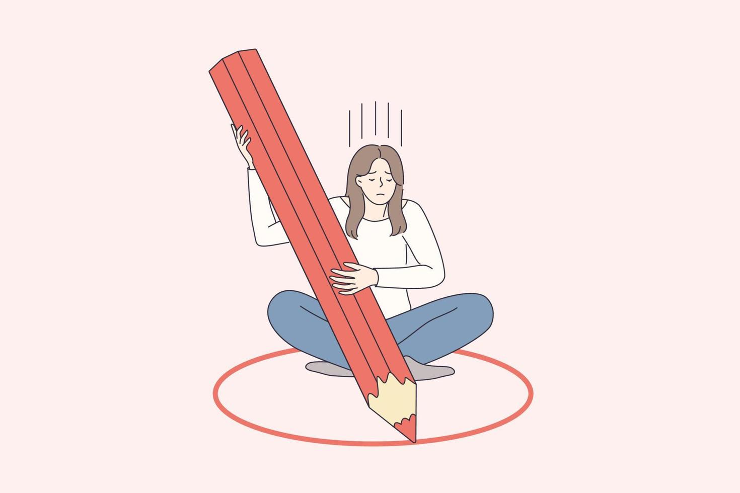 límites personales y concepto de soledad. joven personaje de dibujos animados de mujer frustrada sentada en un pequeño círculo rojo dibujando con lápiz sintiendo que no es una ilustración de vector libre