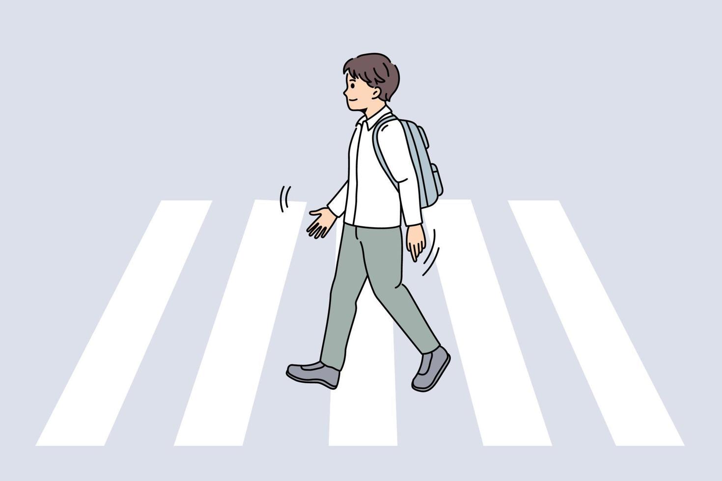 concepto de seguridad personal y cruce de peatones. niño sonriente alumno cruzando la calle en el cruce de peatones sintiéndose confiado y seguro ilustración vectorial vector