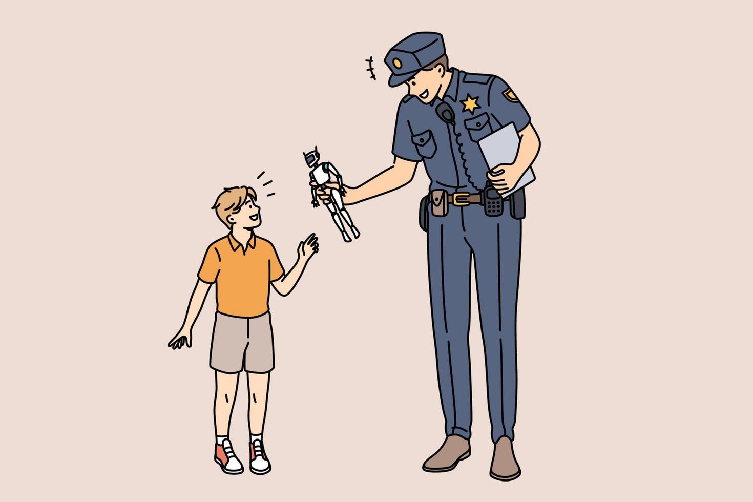 Education and policeman force concept. Young smiling policeman cartoon character standing giving toy robot to happy small boy taking care vector illustration