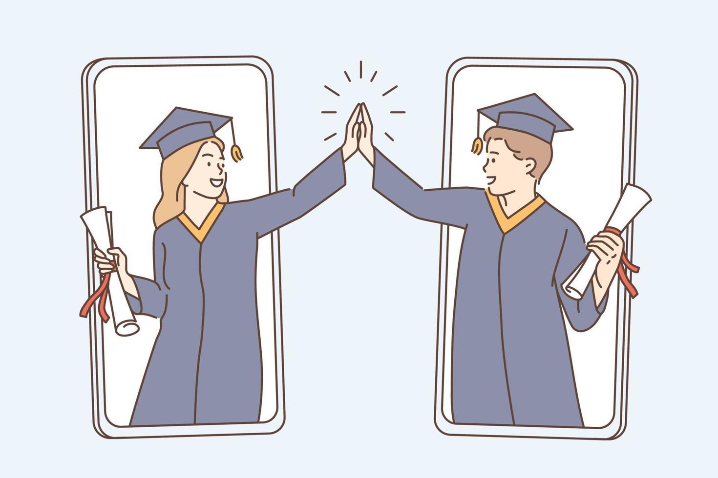 Online graduation from university concept. Smiling happy graduates boy and girl shaking hands celebrating success online from smartphone screens vector illustration