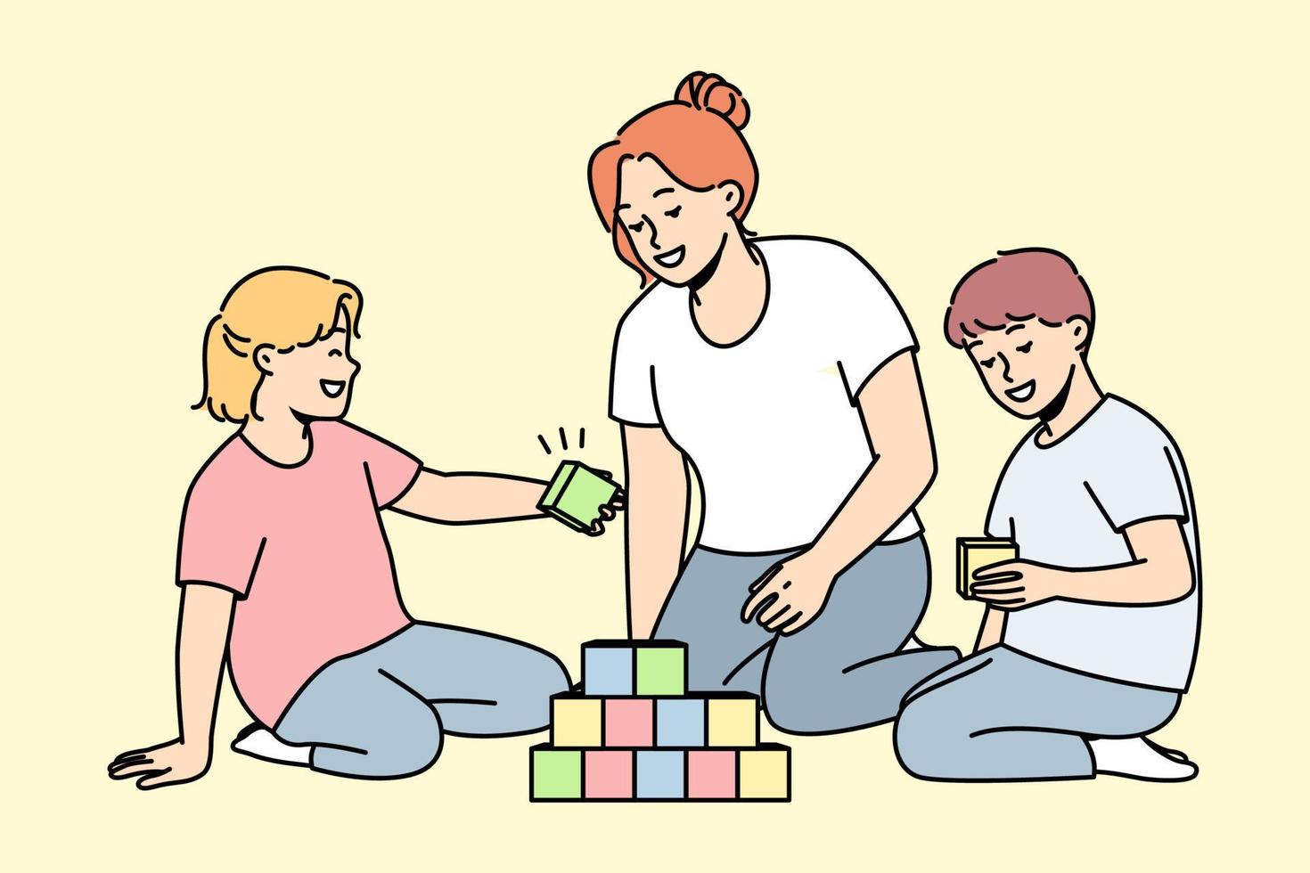 Caring young mother play with children at home. Loving mom engaged in game with colorful blocks with kids on leisure weekend. Vector illustration.